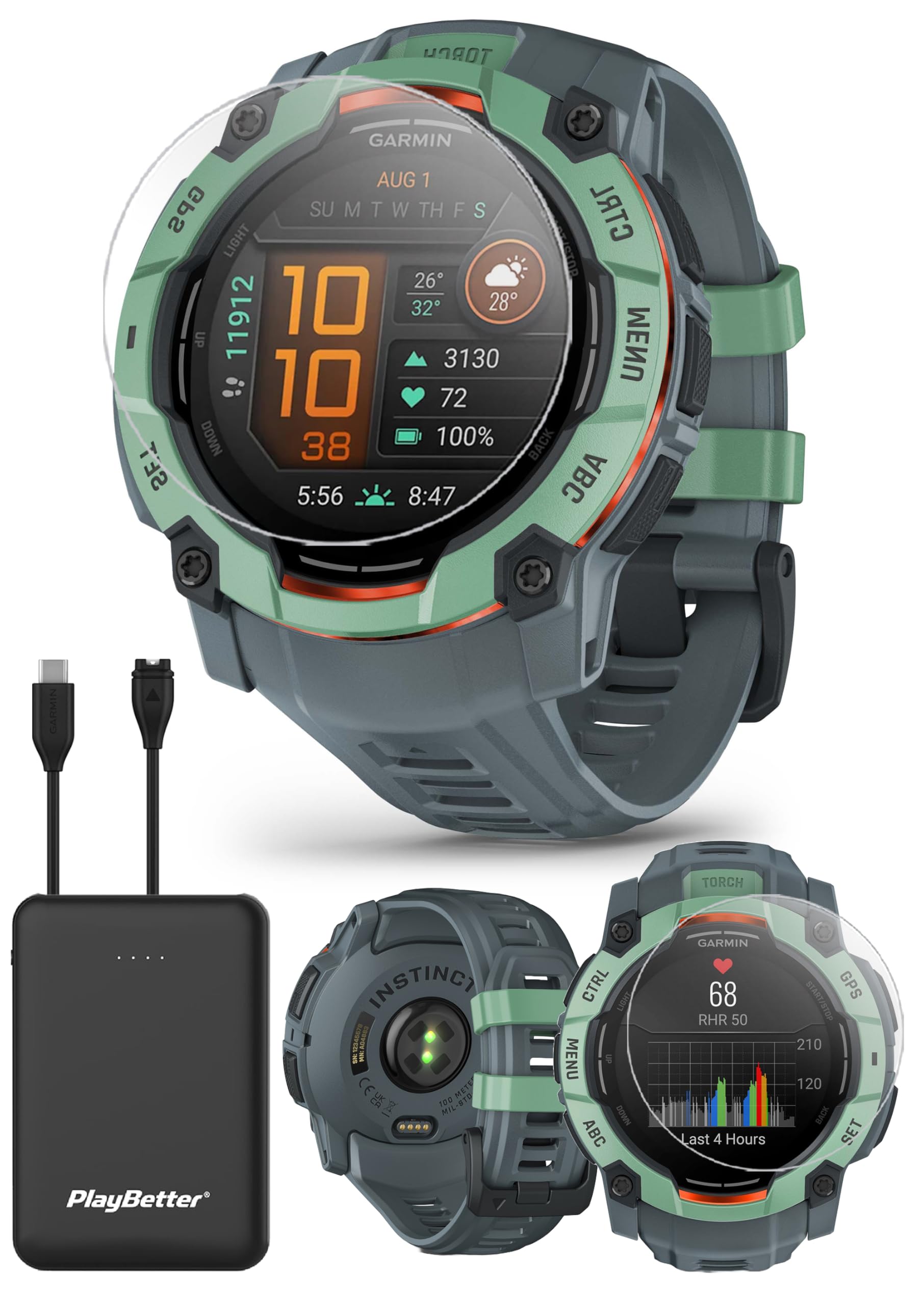 Garmin Instinct 3 Amoled 50Mm (Neo Tropic/Twilight) Rugged Outdoor Gps Smartwatch Bundle   Metal Bezel, Built In Flashlight, Lon